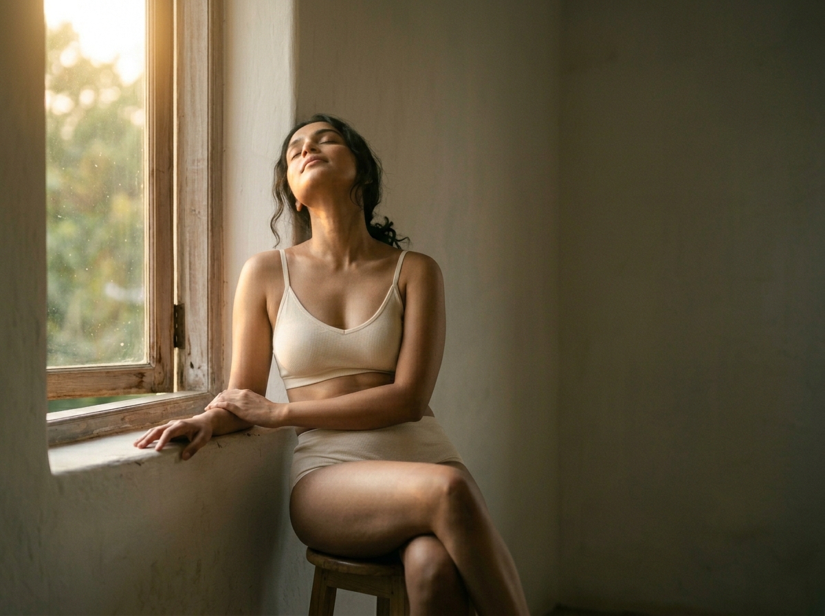 Indian woman in soft blush nude combed cotton innerwear seated by a window at sunrise