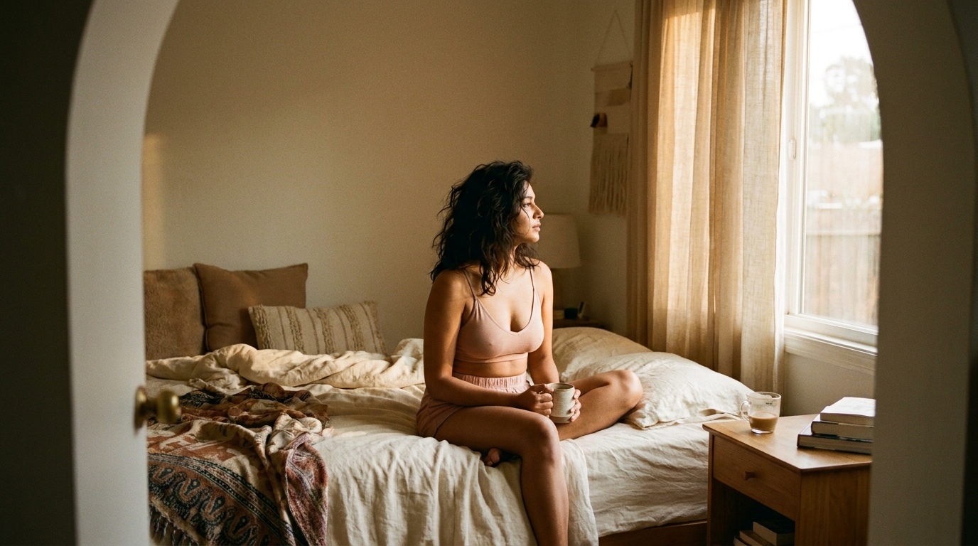 Indian woman sitting cross-legged on a bed in soft morning light