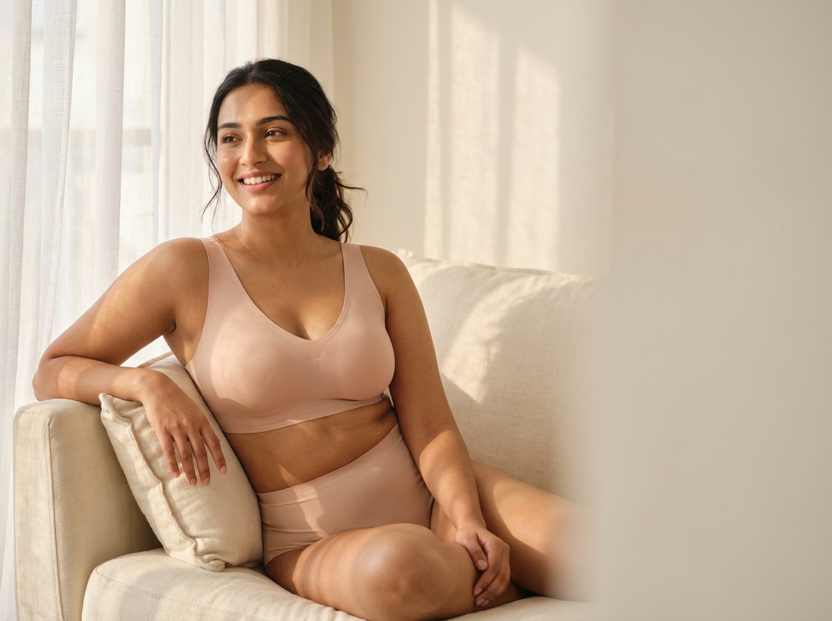 Three happy Indian women posing together in soft natural light