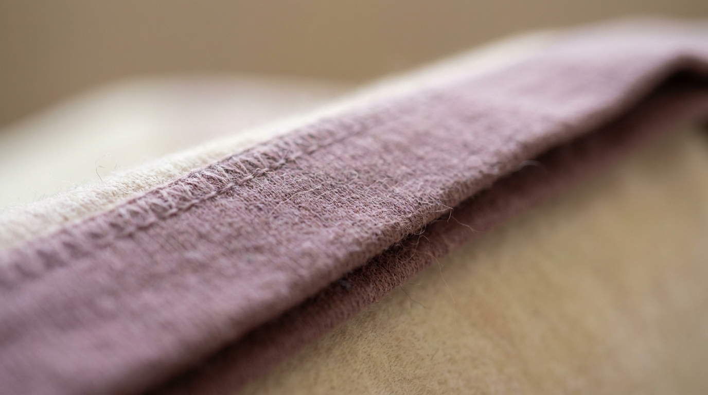 Macro detail of dusty mauve combed cotton fabric with an ultra-flat seam