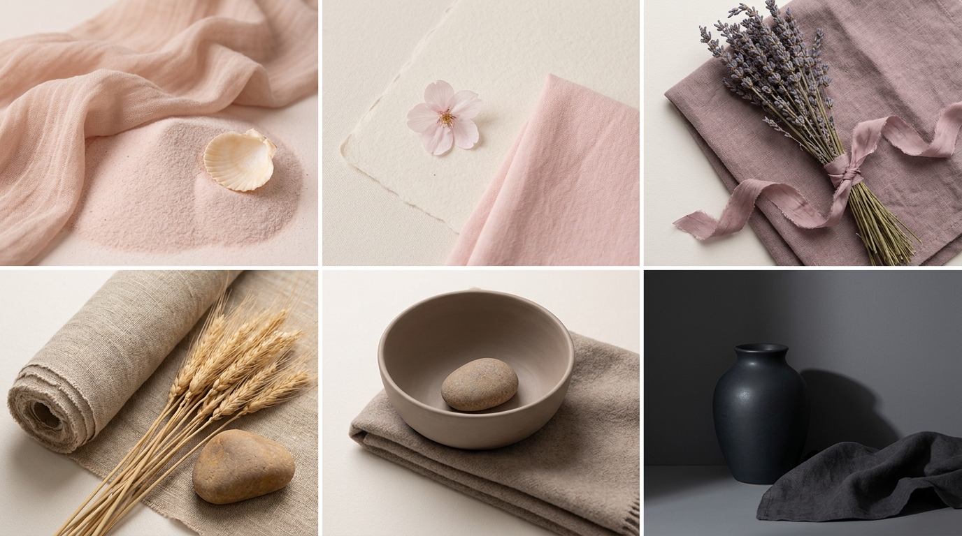 Six colour vignettes of 8CURV fabric draping in blush, mauve, beige, and charcoal tones