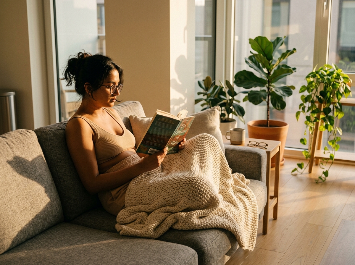 Indian woman in warm beige combed cotton innerwear reading a book on a sofa in afternoon light