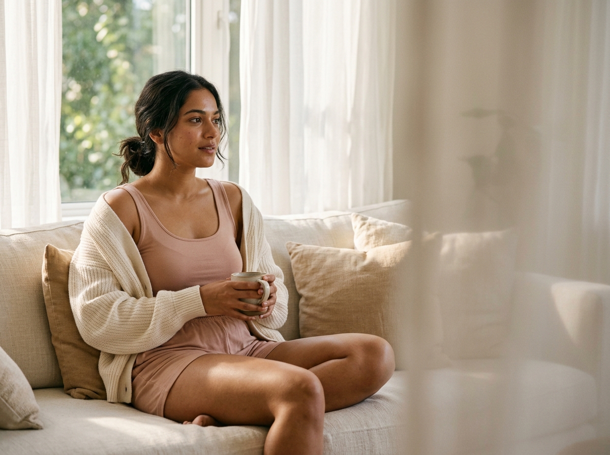 Indian woman in blush combed cotton innerwear sitting on a cream sofa in morning light
